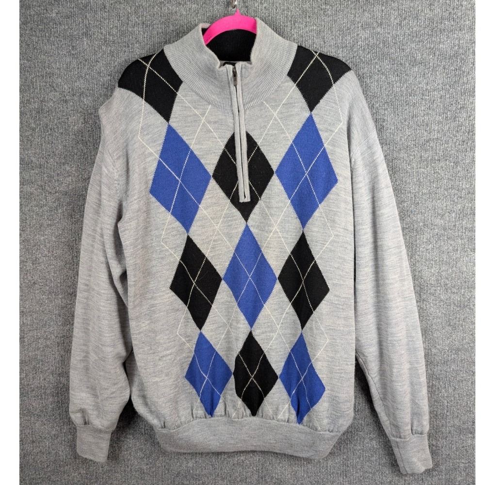 FootJoy Mens 100% Wool Argyle Quarter Zip Golf Sweater Grey Blue XL Preppy